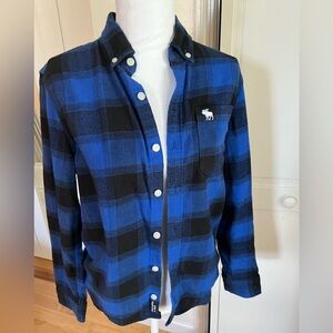 Boys Abercrombie Flannel Shirt Size 13/14 Blue Plaid Long Sleeve Button Up